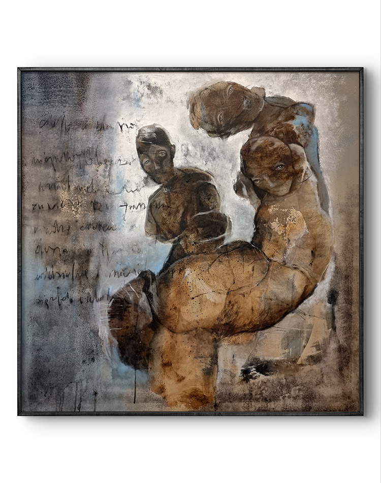 "Emocjonalna sepia". Technika mieszana na pł&oacute;tnie 100x100cm.